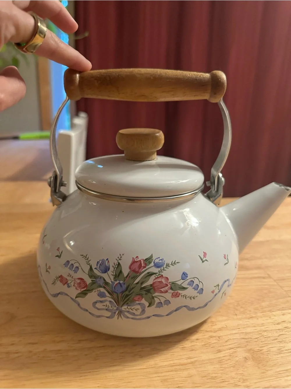 Vintage White Floral Enamel Tea Kettle with Wooden Handle